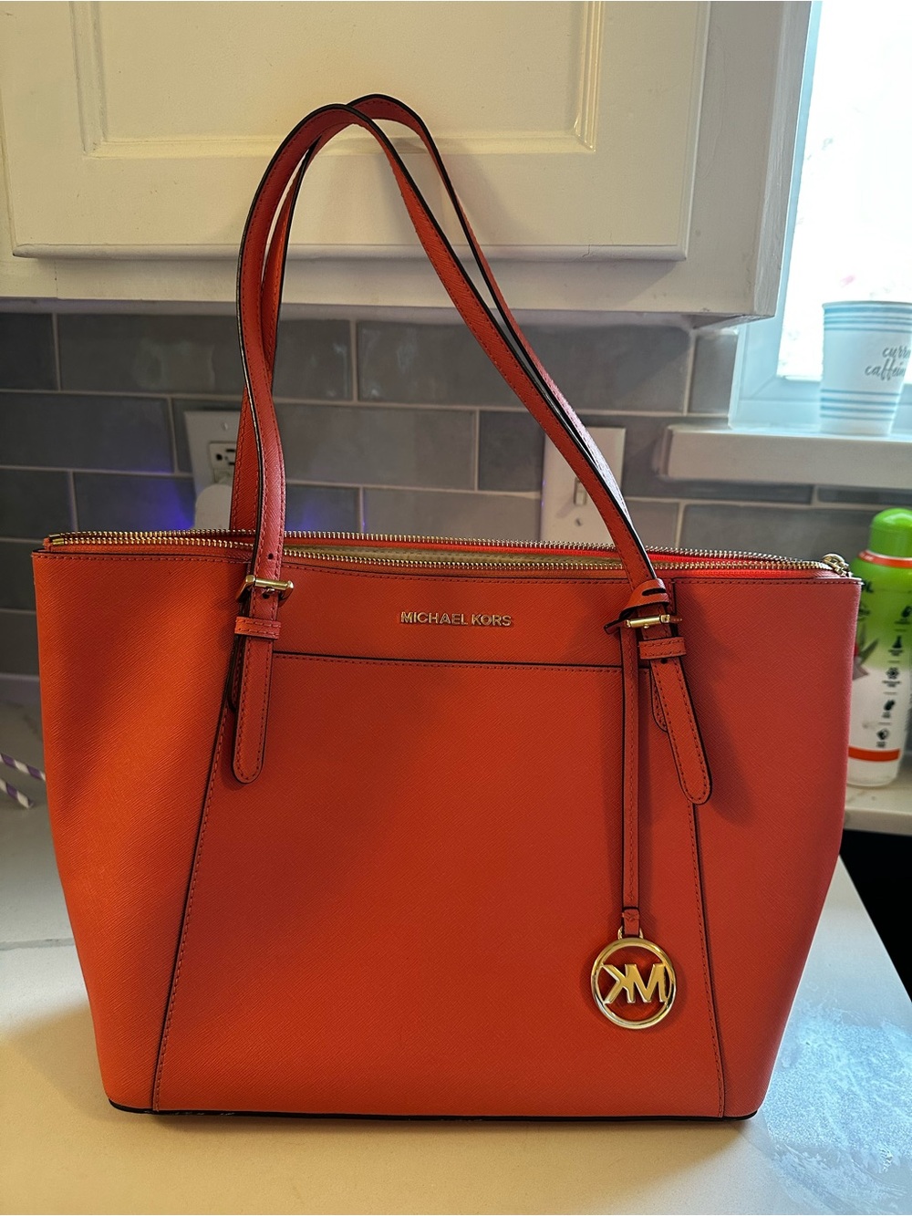 Michael Kors Coral Saffiano Leather Tote with Gold MK Charm